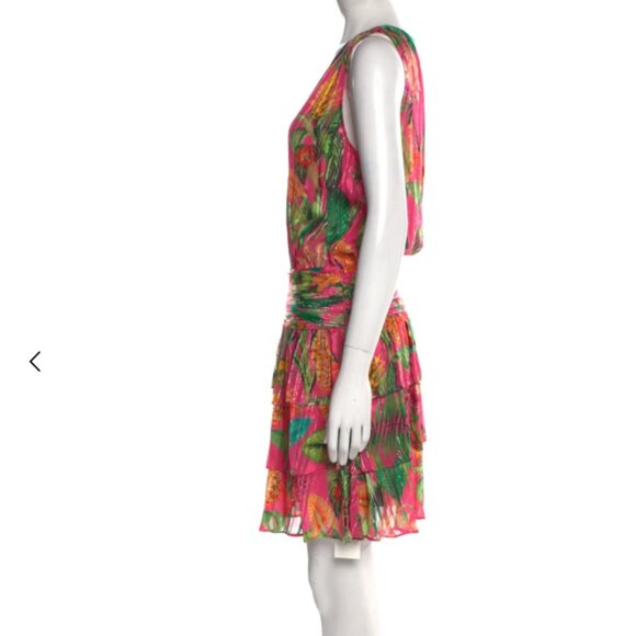 Ramy Brook Wilson Silk Mini Dress M Pink Tropical Floral Pleated Boho Resort - Picture 3 of 6